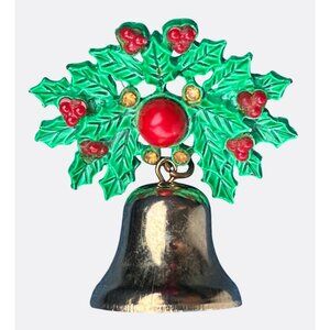Vintage Holly and Bell Christmas Brooch Pin With Red and Green Accents